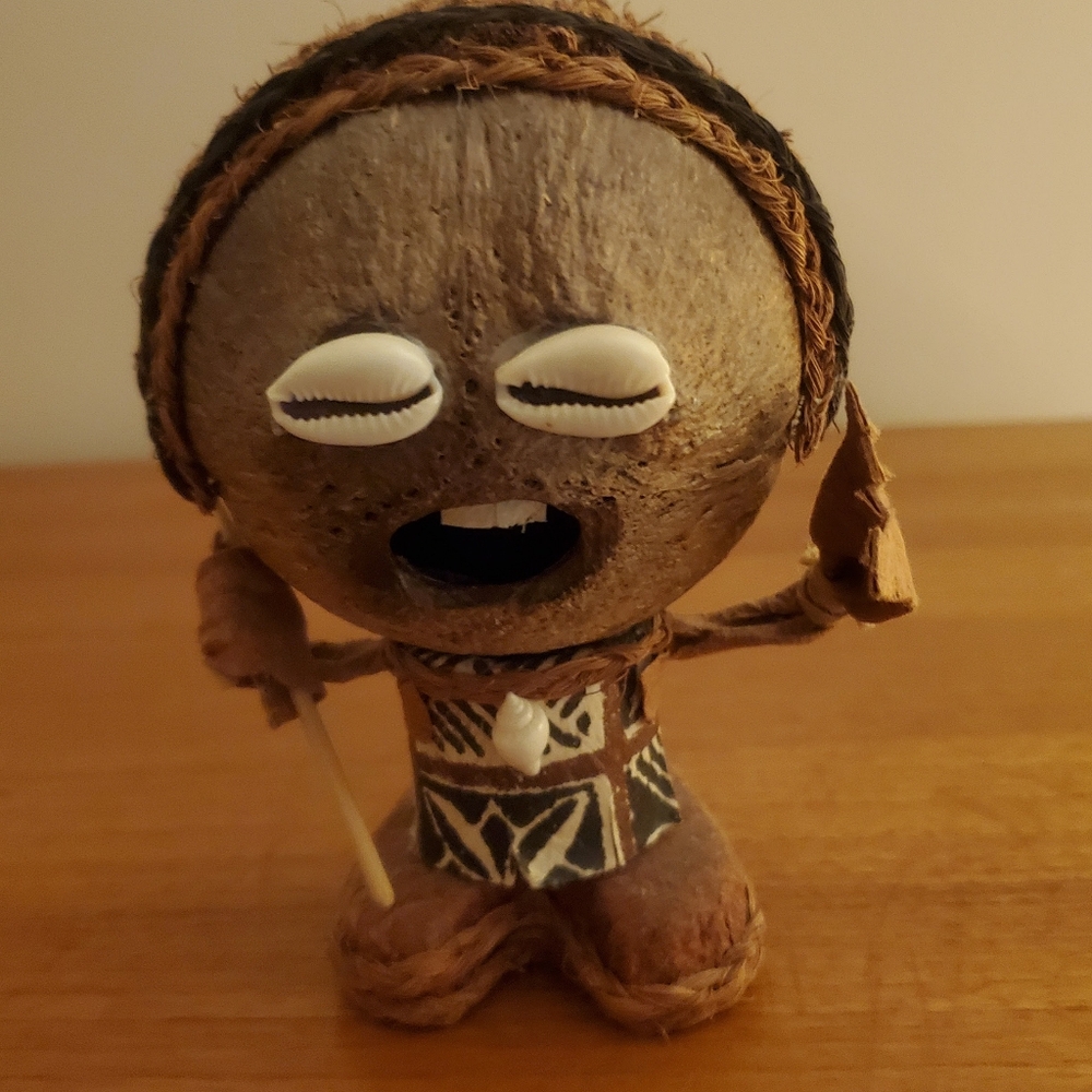 Coconut Doll/Dude/Decor/Art Natural Materials, Shell Eyes, Tapa Bark Fabric